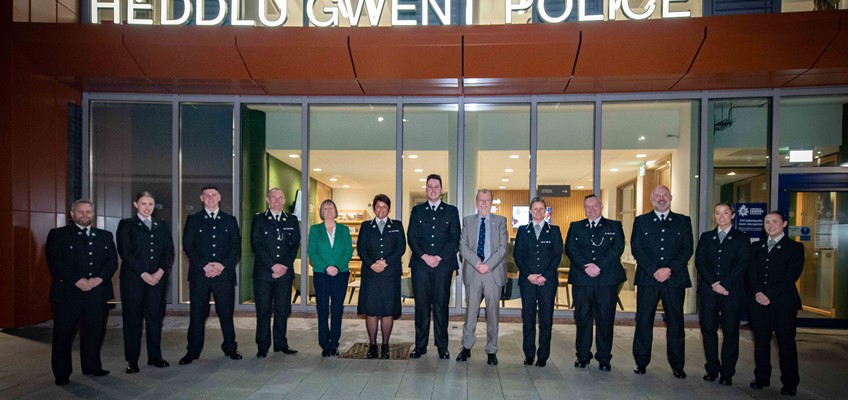 Commissioner with senior Gwent police officers and special constables stood outside HQ