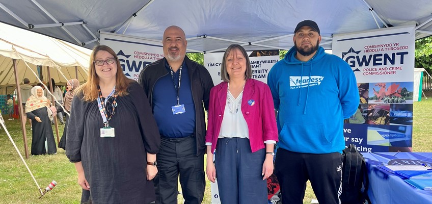 Deputy Police and Crime Commissioner for Gwent Eleri Thomas at Maindee Festival 2023, alongside officers from Gwent Police, and Fearless 