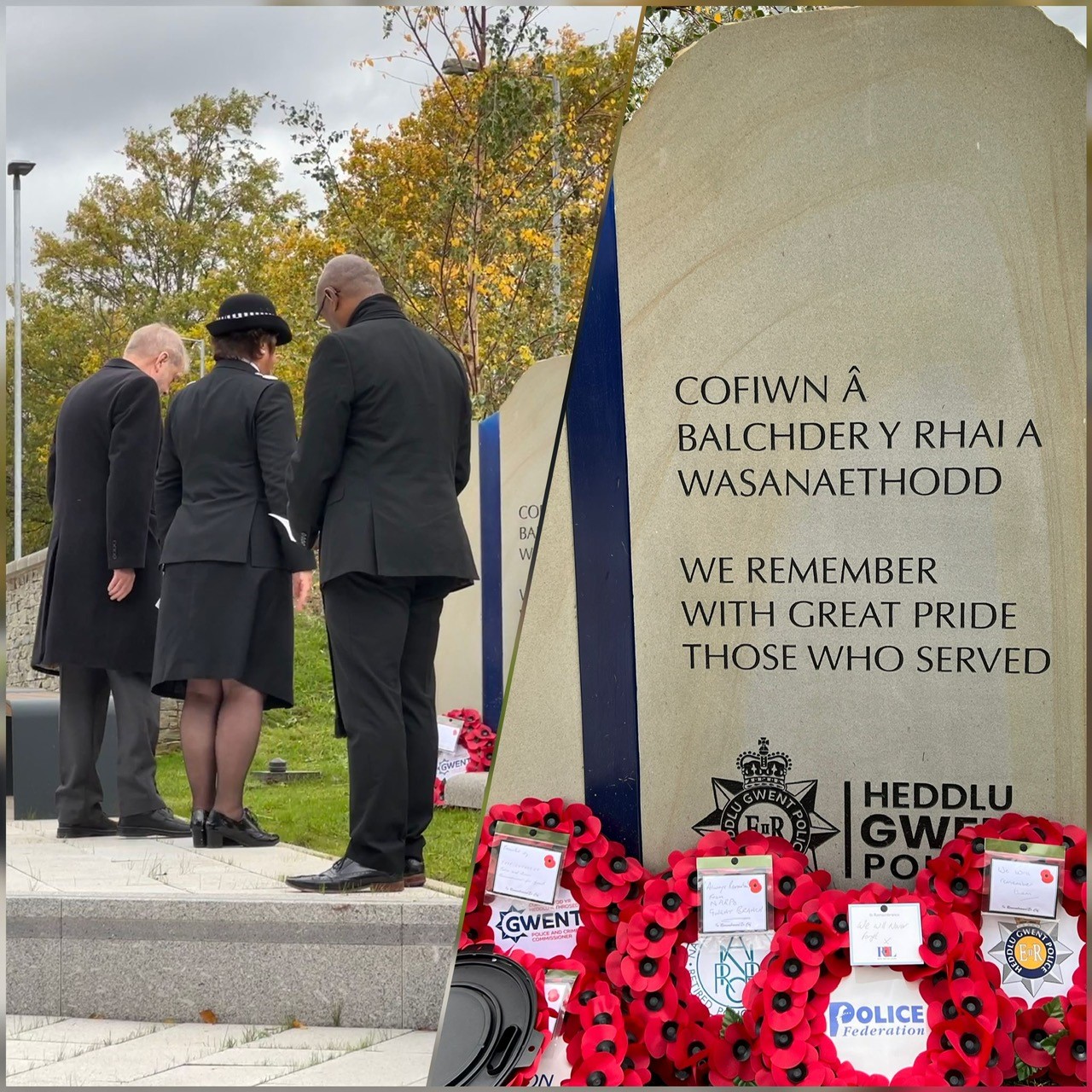 Commissioner, Chief Constable and Pastor with heads bowed towards memorial stone