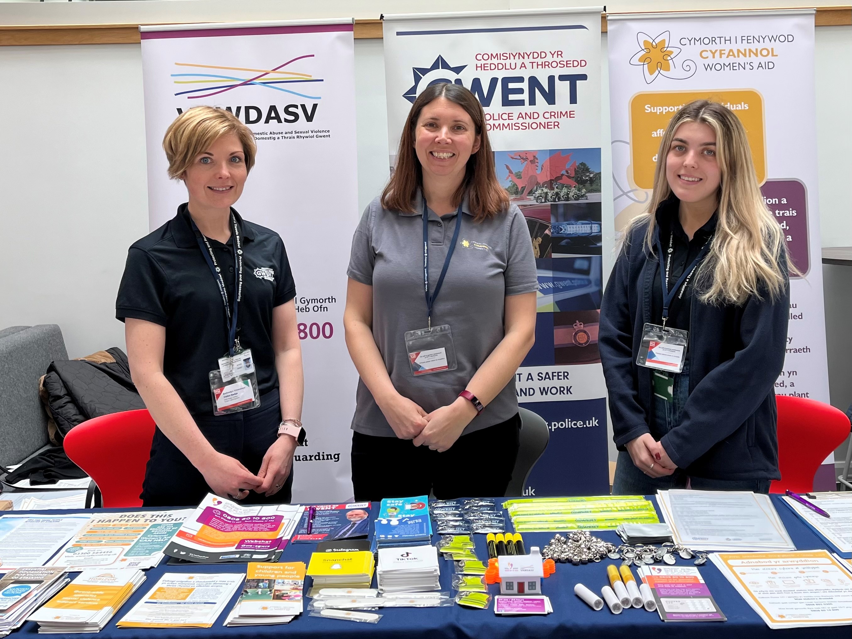 Representatives from the Office of the Police and Crime Commissioners Office, Cyfannol Women’s Aid promoting National Stalking and Harassment at College Gwent 